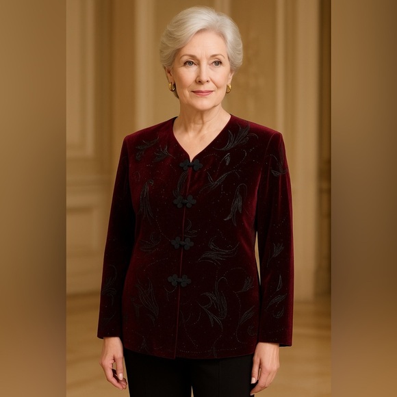 felice Tops - Elegant Burgundy Velvet Evening Jacket | Vintage Teddi Embroidered Blazer